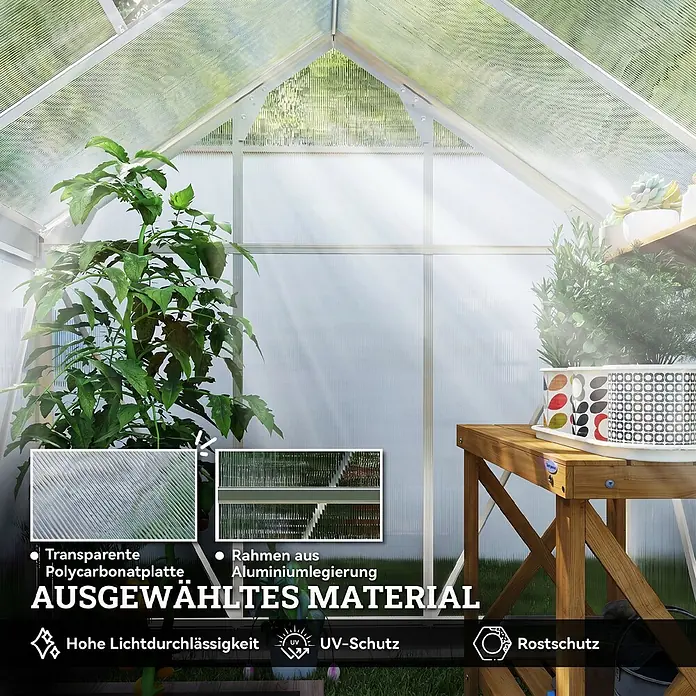 Outsunny Gewächshaus Silber 190L x 132B x 201H cm -  - Gewächshaus-Innenansicht mit transparenten Polycarbonatplatten und Aluminiumrahmen, optimiert für Licht, UV- und Rostschutz.
