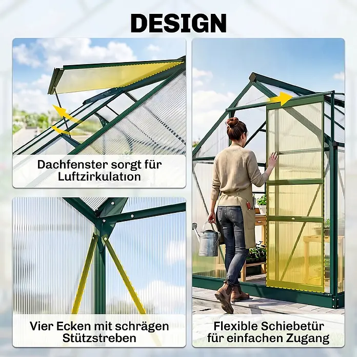 Outsunny Gewächshaus Grün 190L x 252B x 201H cm -  - Grünes Gewächshaus mit grünem Rahmen und transparenten Platten, mit offenem Dachfenster, diagonalen Stützstreben und einer Person, die die Schiebetür benutzt.