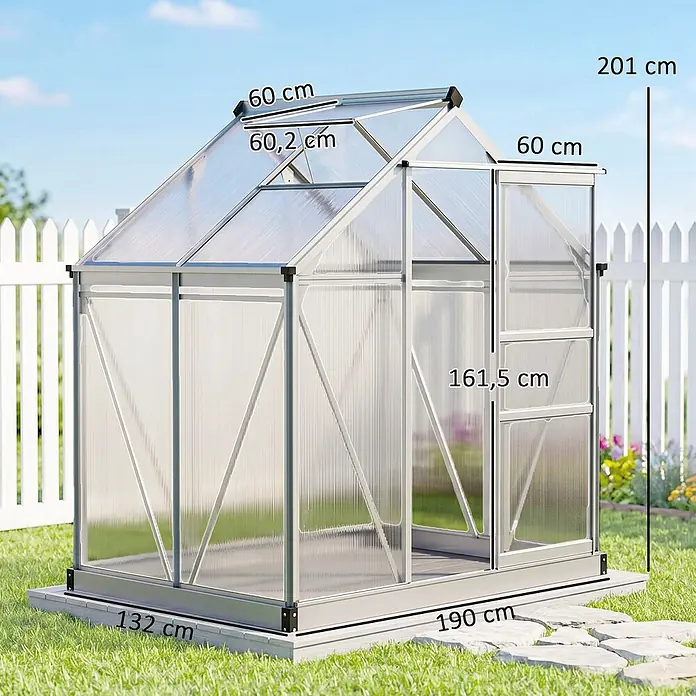 Outsunny Gewächshaus Silber 190L x 132B x 201H cm -  - Gewächshaus mit silbernem Rahmen, transparenten Paneelen und grauem Fundament, mit Abmessungen.