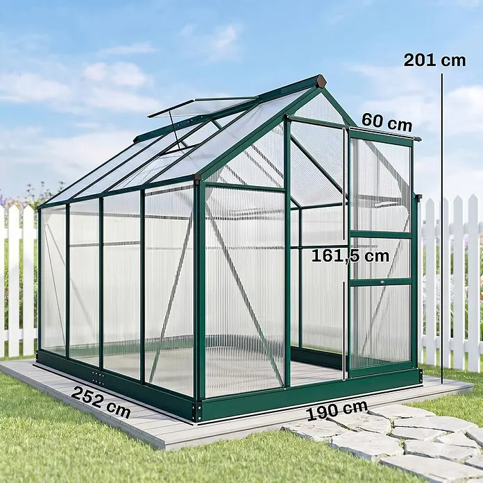 Outsunny Gewächshaus Grün 190L x 252B x 201H cm -  - Grünes Gewächshaus mit lichtdurchlässigen Paneelen, offenem Dachfenster und Tür, draußen mit Maßen gezeigt.