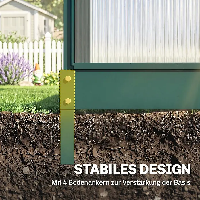 Outsunny Gewächshaus Grün 190L x 252B x 201H cm -  - Grüne Gewächshausbasis mit transparenten Platten, sicher im Boden verankert für erhöhte Stabilität.