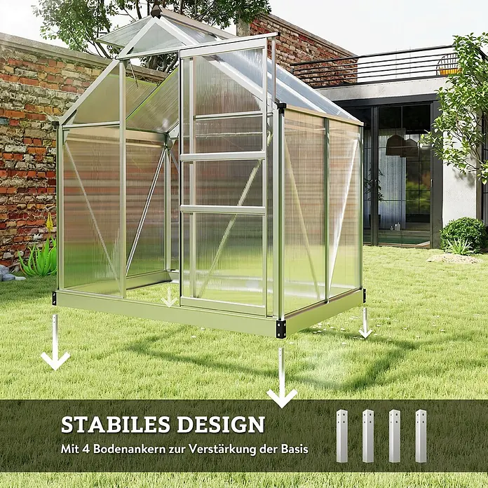 Outsunny Gewächshaus Silber 190L x 132B x 201H cm -  - Aluminium-Gewächshaus mit transparenten Paneelen in einem Garten, gesichert durch 4 Bodenanker für Stabilität.
