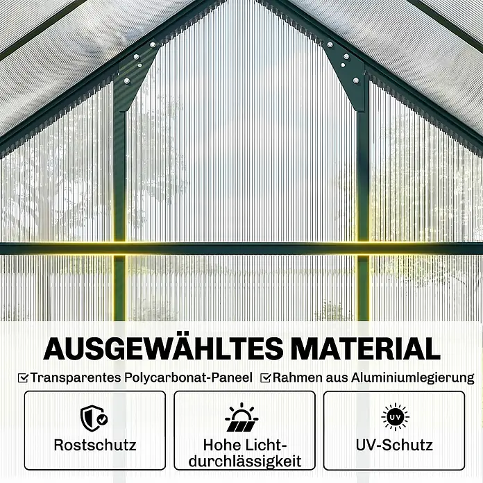 Outsunny Gewächshaus Grün 190L x 252B x 201H cm -  - Dunkelgrüner Gewächshausrahmen aus Aluminiumlegierung mit transparenten Polycarbonatplatten, rostgeschützt, UV-geschützt und hoch lichtdurchlässig.