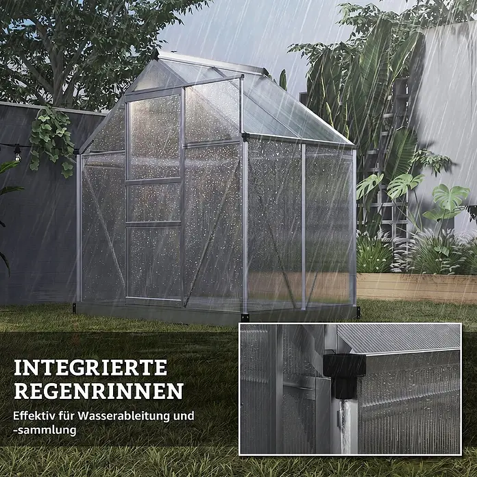 Outsunny Gewächshaus Silber 190L x 132B x 201H cm -  - Aluminium-Gewächshaus im Regen, mit integrierten Regenrinnen zur Wasserableitung und -sammlung.