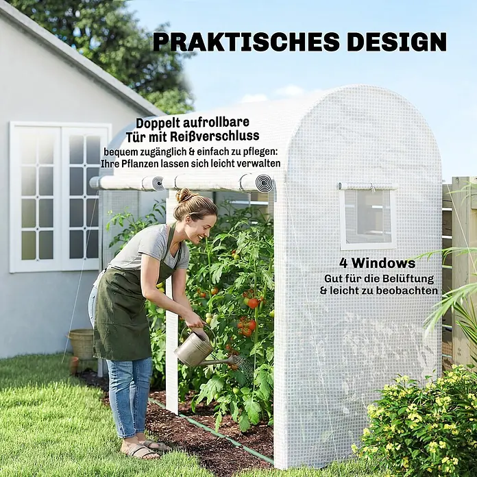 Outsunny-Foliengewächshäus-300L x 100B x 200H cm -  - Eine Frau gießt Pflanzen in einem weißen Tunnelgewächshaus mit aufrollbarer Tür und Fenstern. Ideal für den Gartenbau.