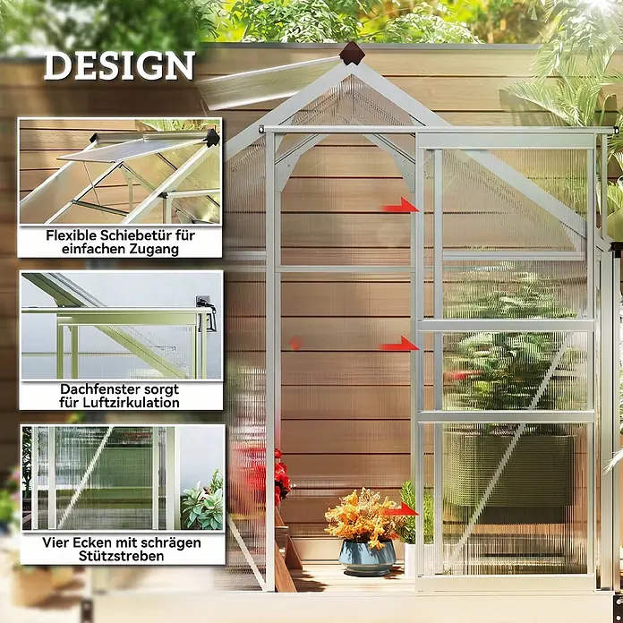 Outsunny Gewächshaus Silber 190L x 132B x 201H cm -  - Silbernes Aluminium-Gewächshaus mit transparenten Platten, Schiebetür, Dachfenster und Eckstützstreben.