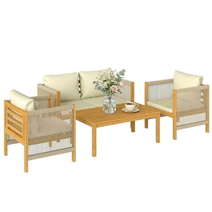 Outsunny-Balkonmöbel Set-120L x 60B x 64H cm -  - Outdoor-Lounge-Set: heller Holzrahmen, geflochtene Seildetails, cremefarbene Kissen. Beinhaltet ein 2-Sitzer-Sofa, zwei Sessel und einen Couchtisch mit Blumen.
