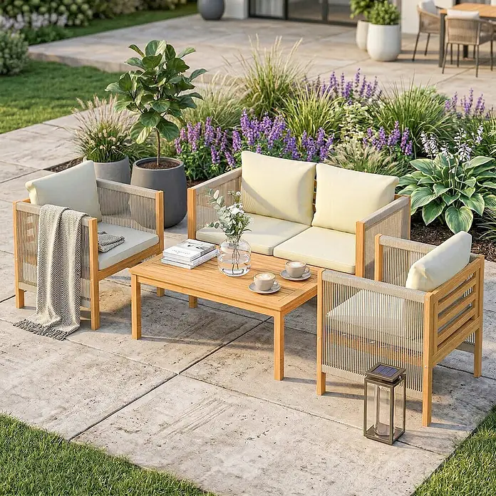 Outsunny-Balkonmöbel Set-120L x 60B x 64H cm -  - Outdoor-Gartenmöbelset aus Holz mit Sofa, zwei Sesseln und Couchtisch, mit Seildetails und hellen Kissen, auf einer gepflasterten Terrasse.