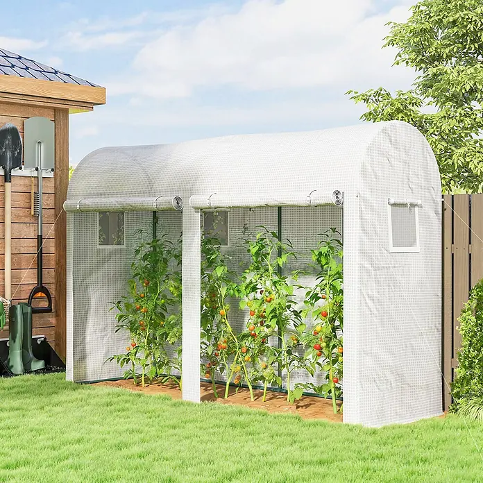 Outsunny-Foliengewächshäus-300L x 100B x 200H cm -  - Weißes Tunnelgewächshaus für Pflanzen im Garten. Es hat aufrollbare Türen und Seitenfenster, drinnen wachsen Tomaten.