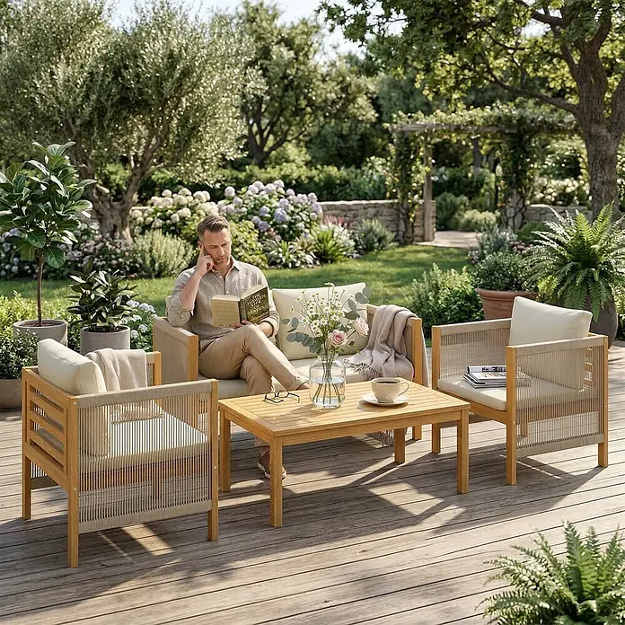 Outsunny-Balkonmöbel Set-120L x 60B x 64H cm -  - Outdoor-Sitzgruppe mit Holzrahmen, Seildetails und hellen Kissen auf einer Terrasse zur Entspannung.
