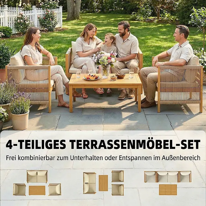 Outsunny-Balkonmöbel Set-120L x 60B x 64H cm -  - Eine Familie genießt ein 4-teiliges Terrassenmöbel-Set aus hellem Holz und beigen Polstern auf einer sonnigen Terrasse, ideal zum Entspannen oder Bewirten.