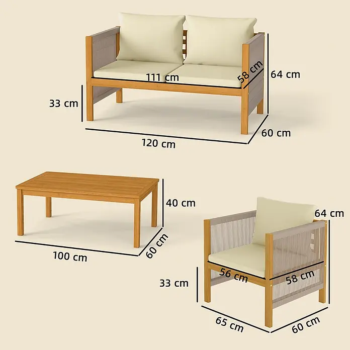 Outsunny-Balkonmöbel Set-120L x 60B x 64H cm -  - Holz-Gartenmöbel-Set mit hellbeigen Kissen, bestehend aus 2er-Sofa, Sessel und Couchtisch, mit Maßen.