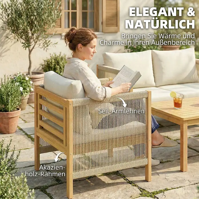 Outsunny-Balkonmöbel Set-120L x 60B x 64H cm -  - Outdoor-Sessel mit Akazienholzrahmen und Seil-Armlehnen, zum Entspannen genutzt.