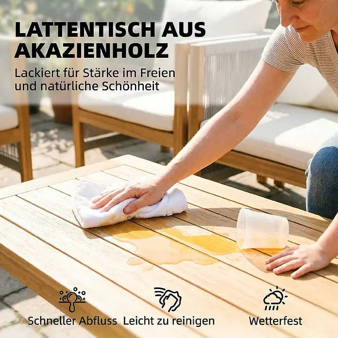Outsunny-Balkonmöbel Set-120L x 60B x 64H cm -  - Akazienholz-Lattentisch für draußen, eine Person wischt verschüttete Flüssigkeit ab. Er ist wetterfest und leicht zu reinigen.
