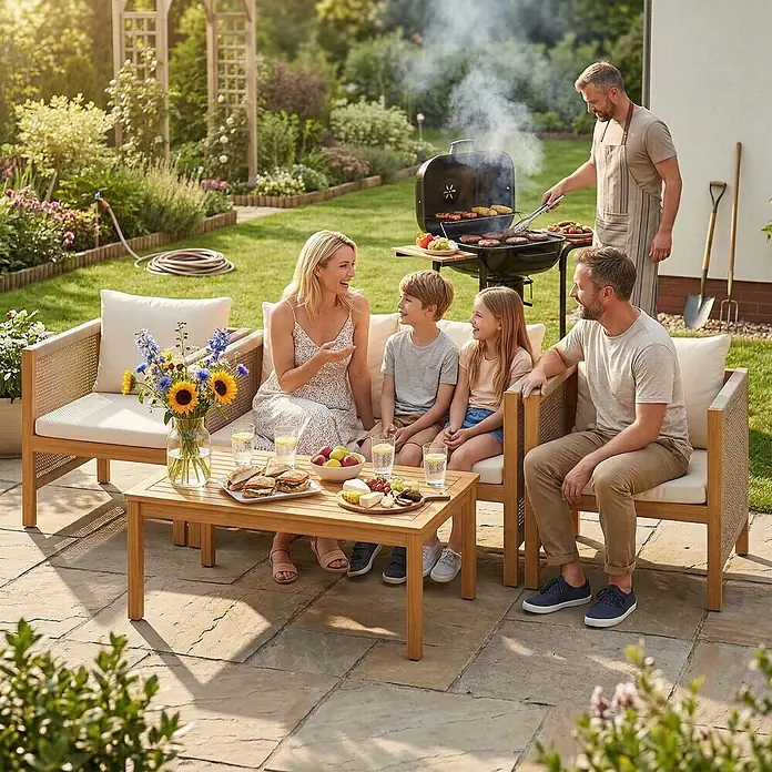 Outsunny-Balkonmöbel Set-120L x 60B x 64H cm -  - Outdoor-Sofa, Stühle und Couchtisch-Set aus Holz, von einer Familie für ein Garten-Barbecue genutzt.