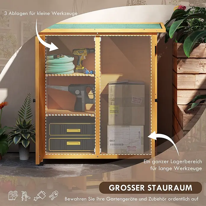 Outsunny-Gartenschrank-110L x 55B x117H cm -  - Hölzerner Gartenschrank mit grünem Dach, bietet Stauraum für kleine und lange Werkzeuge.