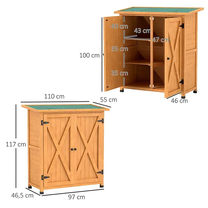 Outsunny-Gartenschrank-110L x 55B x117H cm -  - Hellbrauner Holz-Gartenschrank mit grünem Dach, geschlossen mit Außenmaßen und offen mit Innenmaßen und Regalen dargestellt.