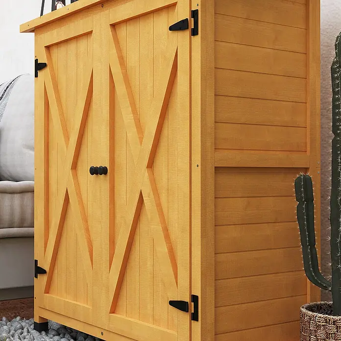 Outsunny-Gartenschrank-110L x 55B x117H cm -  - Hölzerner Gartenschrank mit Scheunentor-Stil Türen, Naturholz-Finish, schwarzen Scharnieren und Knauf. Ideal für Terrasse oder Garten.