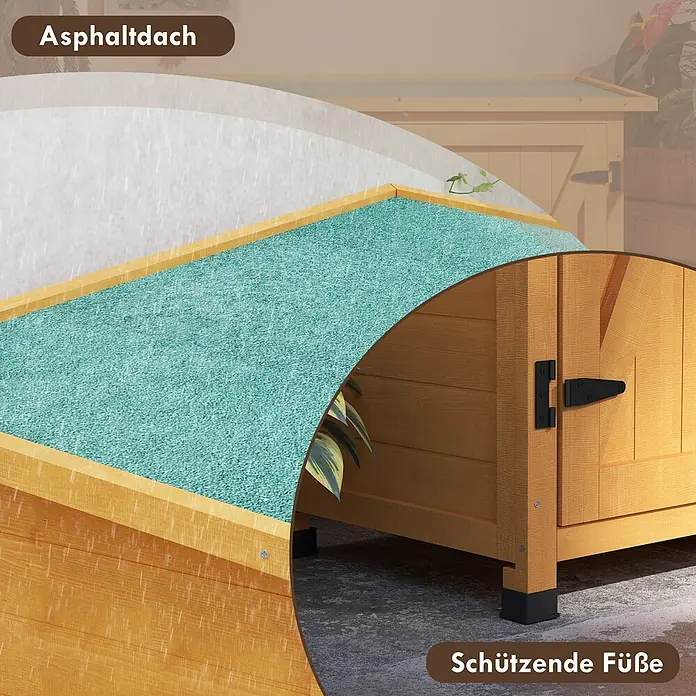 Outsunny-Gartenschrank-110L x 55B x117H cm -  - Holz-Outdoor-Aufbewahrungsbox mit türkisem Asphaltdach und schützenden Füßen, wetterfest im Regen dargestellt.