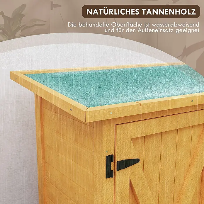 Outsunny-Gartenschrank-110L x 55B x117H cm -  - Hölzerner Gartenschrank aus Tannenholz mit wasserabweisendem Dach, im Regen gezeigt.