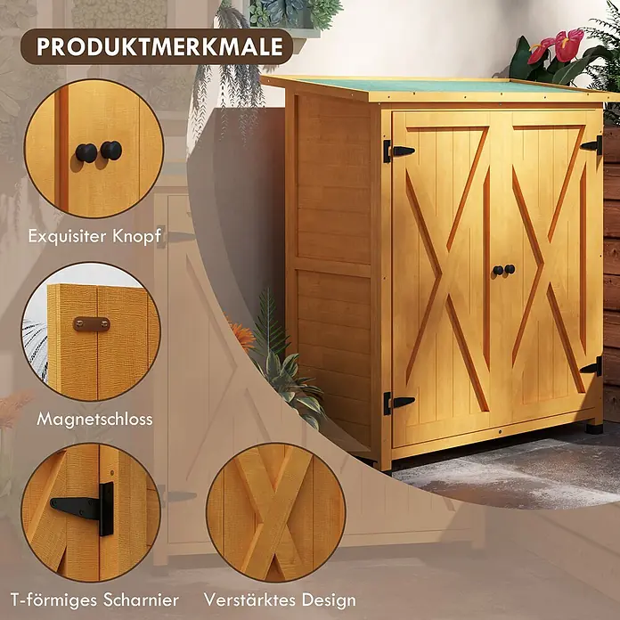 Outsunny-Gartenschrank-110L x 55B x117H cm -  - Hellbrauner Holz-Gartenschrank mit schwarzen Beschlägen und X-förmiger Türverstärkung; Details hervorgehoben.