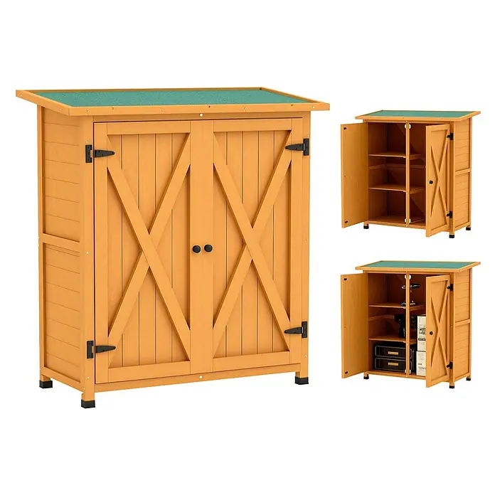 Outsunny-Gartenschrank-110L x 55B x117H cm -  - Hellbrauner Holzschrank mit grünem Dach und Flügeltüren im Scheunenstil, geschlossen und offen mit Regalböden gezeigt.