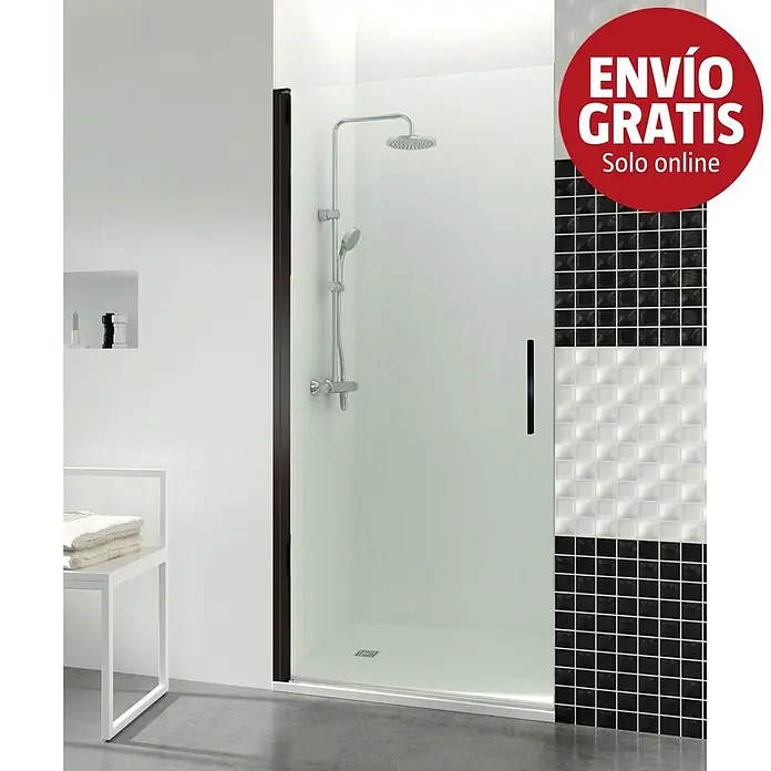 GME Mampara de ducha frontal Open Combi A - 80 x 195 cm, Vidrio transparente, Negro - Cabina de ducha con marco marrón oscuro, panel de cristal transparente y plato de ducha blanco.