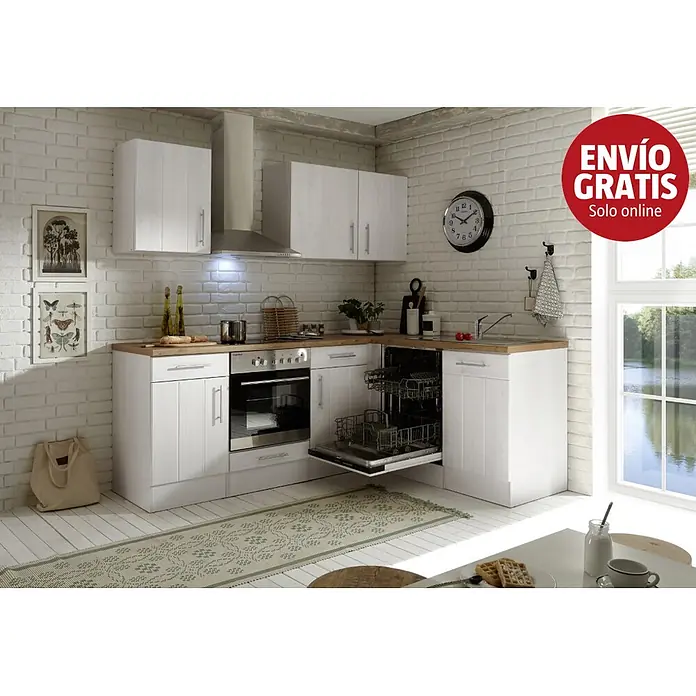 Respekta Premium Cocina esquinera Anton - An x Pr: 220 x 172 cm, Blanco, Con electrodomésticos - Cocina en L con muebles blancos, encimeras de madera, horno, placa, fregadero y lavavajillas integrados. Diseño moderno y luminoso.