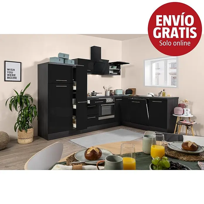 Respekta Premium Cocina esquinera Amanda - An x Pr: 290 x 200 cm, Roble/Negro, Con electrodomésticos - Cocina moderna en forma de L con armarios negros brillantes y electrodomésticos integrados.