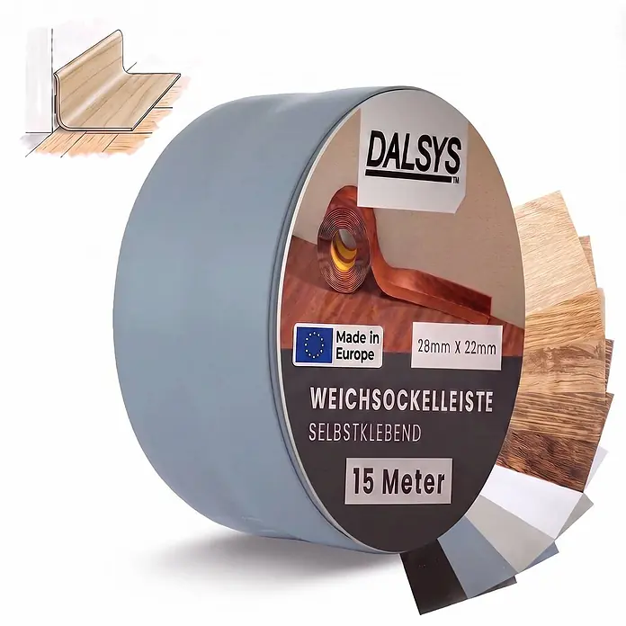 Dalsys Weichsockelleiste Selbstklebend 15m Dunkelgrau Fußbodenleiste -  - Eine aufgerollte DALSYS Weichsockelleiste, selbstklebend, mit Holzdekor-Mustern und Einbauzeichnung. 15 Meter, 28x22mm.