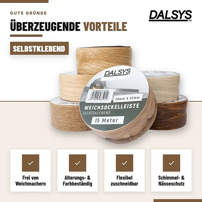 Dalsys Weichsockelleiste Selbstklebend 15m Grau Fußbodenleiste -  - DALSYS selbstklebende Sockelleistenrollen in Holzoptik. Sie sind flexibel, phthalatfrei und feuchtigkeitsbeständig.