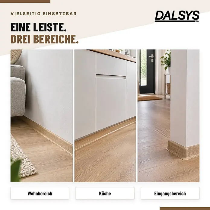 Dalsys Weichsockelleiste Selbstklebend 15m Grau Fußbodenleiste -  - Helle Holzfußleiste, vielseitig eingesetzt in Wohnbereich, Küche und Eingangsbereich.