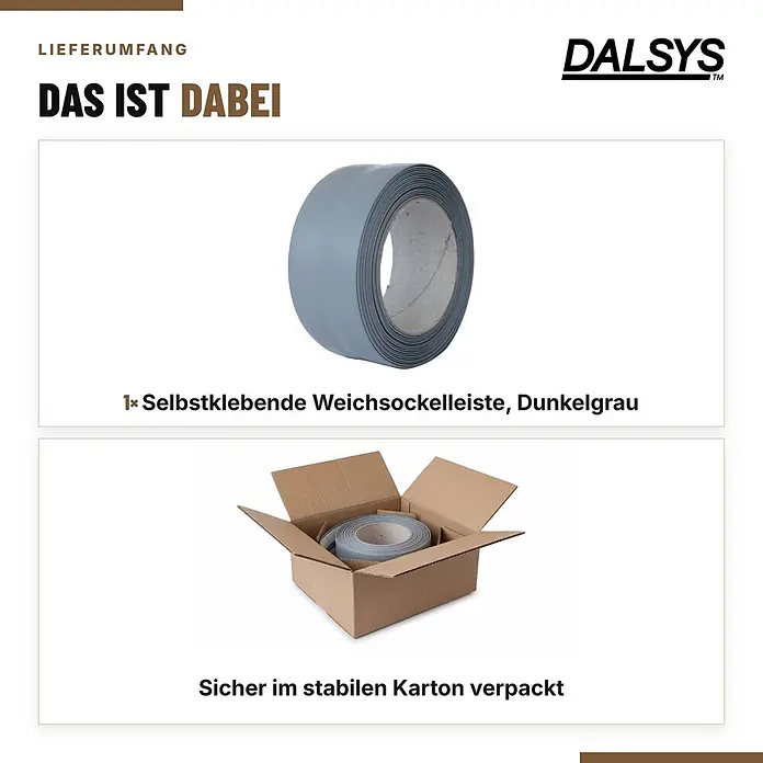 Dalsys Weichsockelleiste Selbstklebend 15m Dunkelgrau Fußbodenleiste -  - Dunkelgraue selbstklebende Weichsockelleiste als Rolle, sicher verpackt im Karton.
