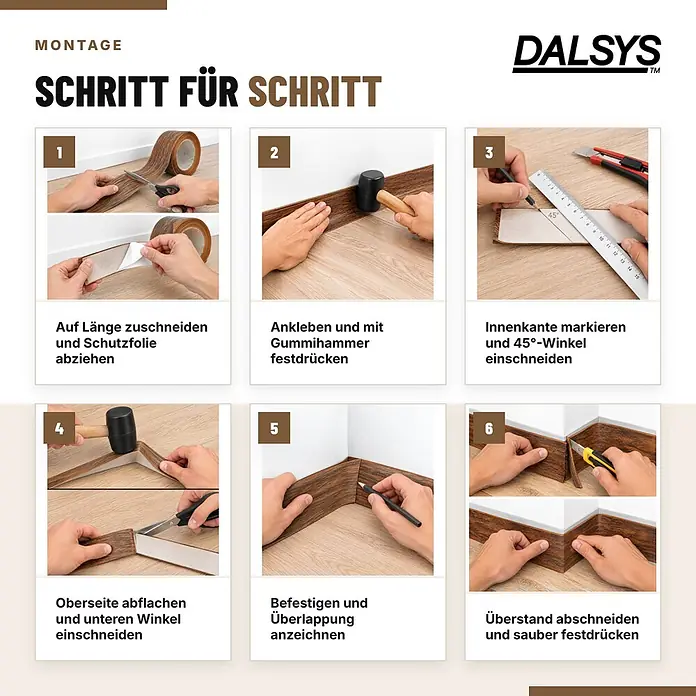 Dalsys Weichsockelleiste Selbstklebend 15m Grau Fußbodenleiste -  - Montageanleitung für flexible Fußleisten in Holzoptik, zeigt Zuschneiden, Ankleben und Ecken formen.