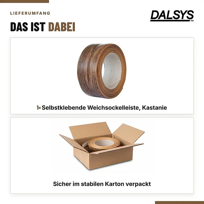 Dalsys Weichsockelleiste Selbstklebend 5m Kastanie Fußbodenleiste -  - Gerollte selbstklebende Weichsockelleiste in Kastanienholzoptik, sicher im Karton verpackt.