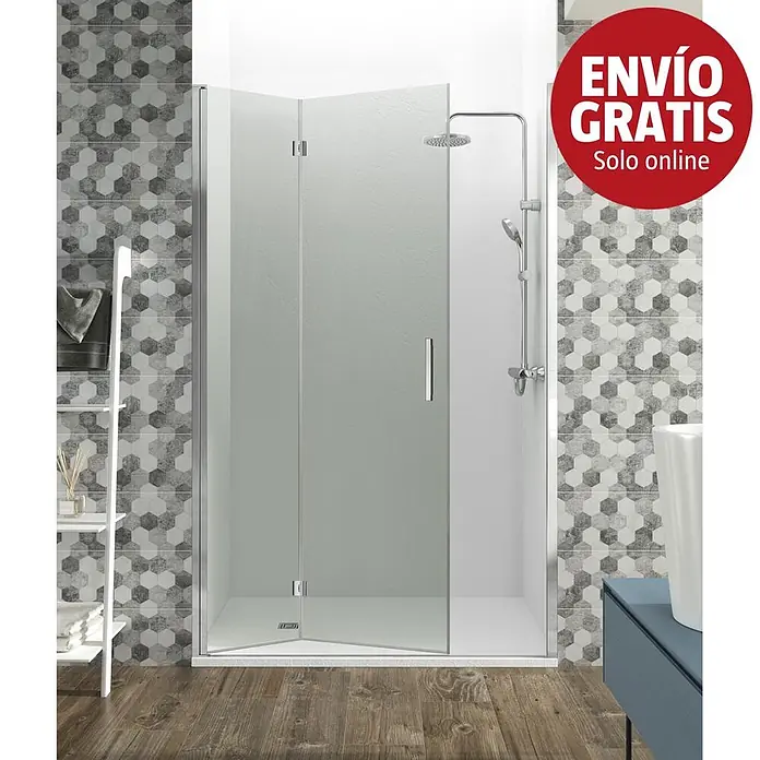 GME Mampara de ducha frontal Glass Plegable C2 - 85 x 195 cm, Espesor de vidrio: 6 mm, Plata brillo, An x Al: 85 (40/40) x 195 cm - Mampara de ducha de cristal transparente con accesorios cromados y plato blanco en un baño moderno con azulejos hexagonales.