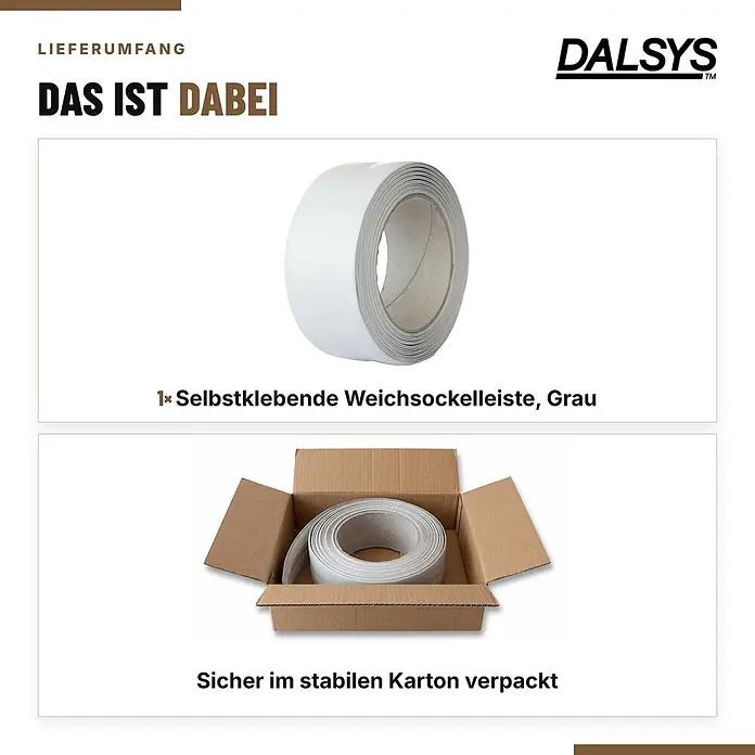 Dalsys Weichsockelleiste Selbstklebend 15m Grau Fußbodenleiste -  - Graue selbstklebende Weichsockelleiste als Rolle und im Karton verpackt.
