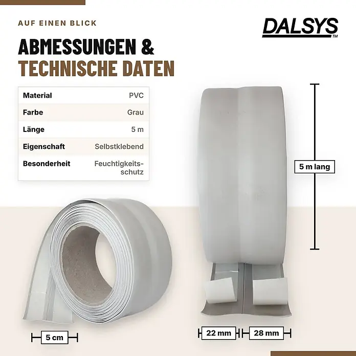 Dalsys Weichsockelleiste Selbstklebend 5m Grau Fußbodenleiste -  - Graues, selbstklebendes PVC-Band (5 m lang, 5 cm breit) mit Feuchtigkeitsschutz.