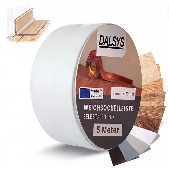 Dalsys Weichsockelleiste Selbstklebend 5m Grau Fußbodenleiste -  - Selbstklebende Weichsockelleiste auf Rolle, mit Holz- und Unifarben-Musterfächer und Anwendungsbeispiel.