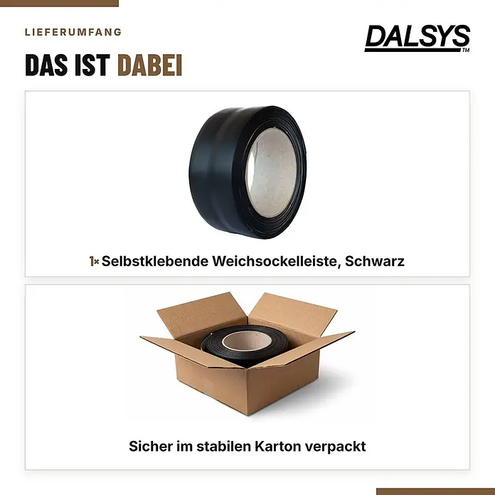 Dalsys Weichsockelleiste Selbstklebend 15m Schwarz Fußbodenleiste -  - Schwarze selbstklebende Weichsockelleiste als Rolle und sicher in stabilem Karton verpackt.