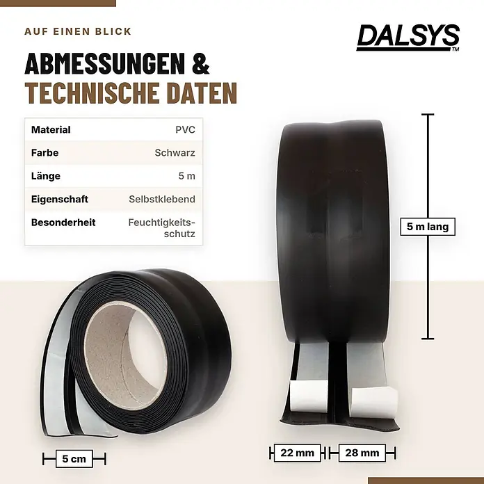 Dalsys Weichsockelleiste Selbstklebend 5m Schwarz Fußbodenleiste -  - Schwarzes selbstklebendes PVC-Dichtband, 5m lang, 5cm breit, mit 22mm und 28mm Profilabschnitten.