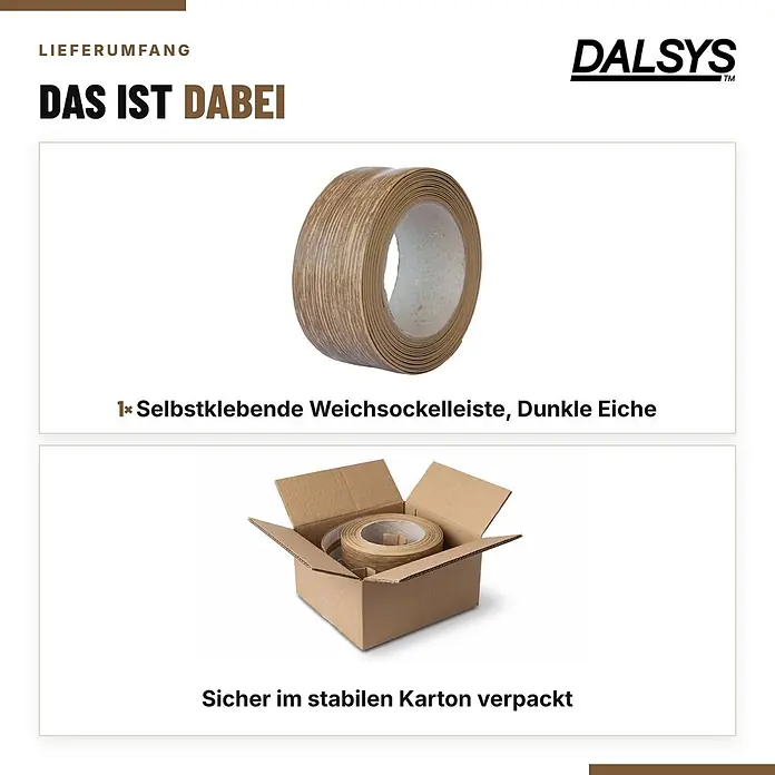 Dalsys Weichsockelleiste Selbstklebend 5m Dunkle Eiche Fußbodenleiste -  - Rolle selbstklebender Weichsockelleiste in Dunkler Eiche, auch sicher im Karton verpackt.