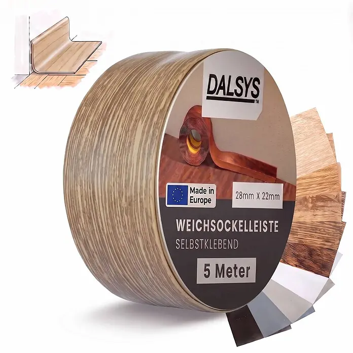Dalsys Weichsockelleiste Selbstklebend 5m Dunkle Eiche Fußbodenleiste -  - Gerollte hellbraune selbstklebende Weichsockelleiste in Holzoptik (5m) mit Anwendungsdiagramm und Farbmuster.