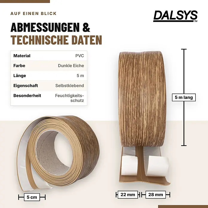 Dalsys Weichsockelleiste Selbstklebend 5m Dunkle Eiche Fußbodenleiste -  - Selbstklebendes dunkles Eichen-PVC-Kantenband, 5m lang, mit Feuchtigkeitsschutz.