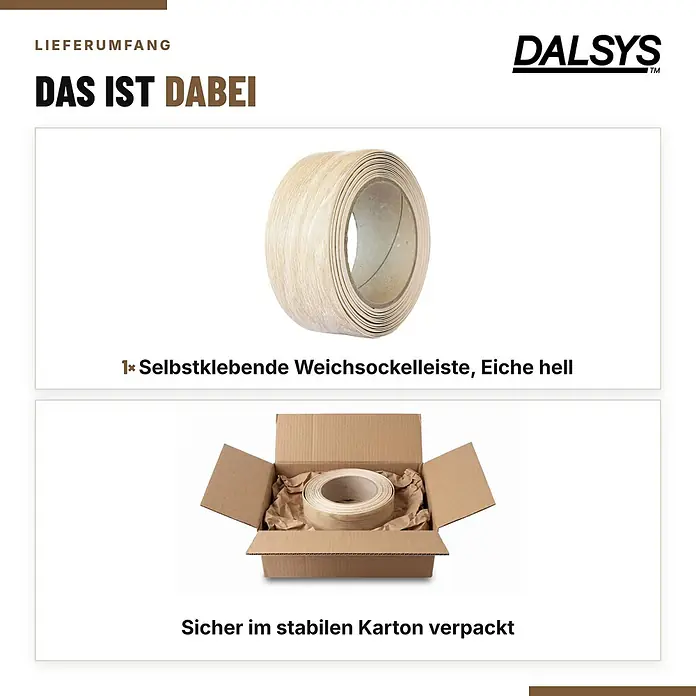 Dalsys Weichsockelleiste Selbstklebend 15m Eiche hell Fußbodenleiste -  - Helle Eiche selbstklebende Weichsockelleiste als Rolle, sicher verpackt in einem Karton.