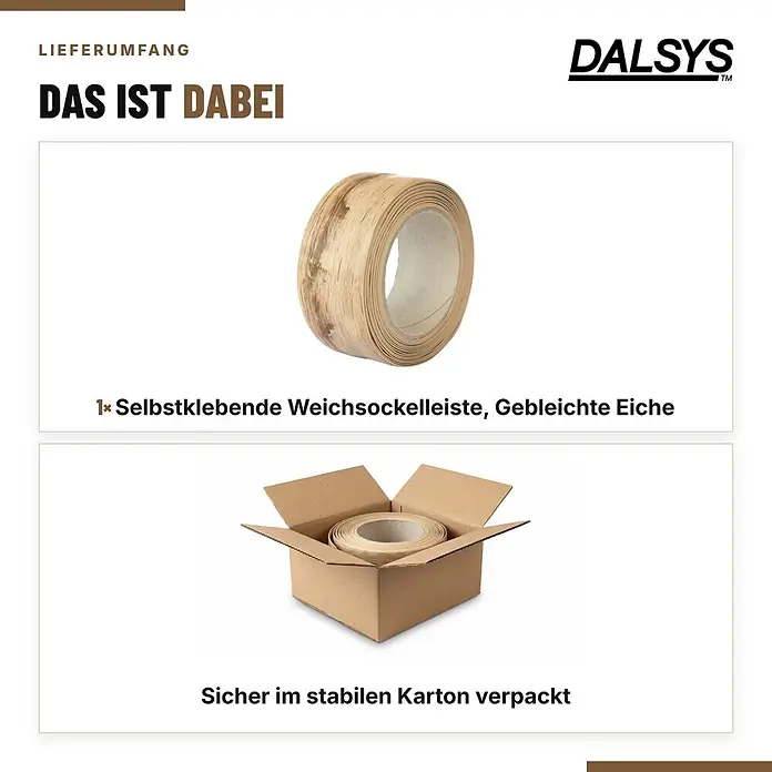 Dalsys Weichsockelleiste Selbstklebend 15m gebleichte Eiche Fußbodenleiste -  - Eine Rolle selbstklebende Weichsockelleiste aus gebleichter Eiche, einzeln und sicher im Karton verpackt dargestellt.