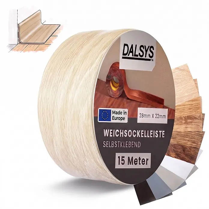 Dalsys Weichsockelleiste Selbstklebend 15m Eiche hell Fußbodenleiste -  - Rolle selbstklebender Weichsockelleiste in heller Holzoptik, 28x22mm, 15m. Hergestellt in Europa.