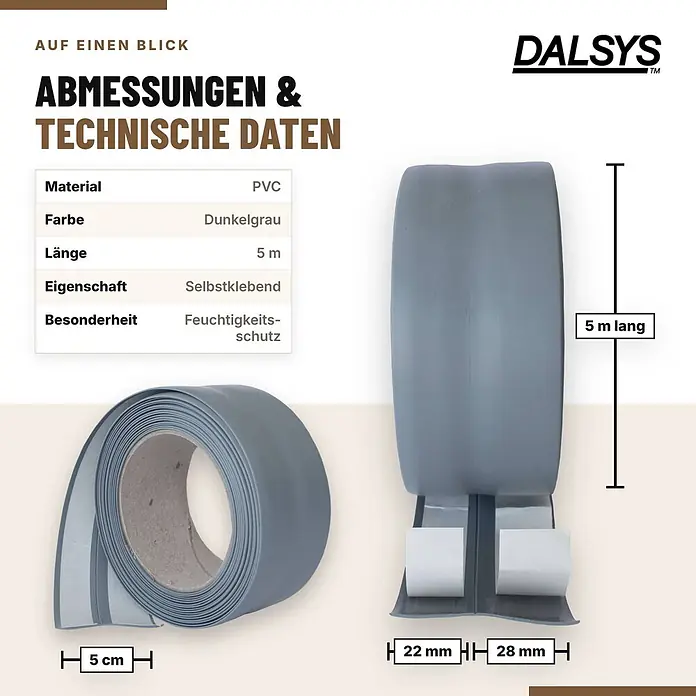 Dalsys Weichsockelleiste Selbstklebend 5m Dunkelgrau Fußbodenleiste -  - Dunkelgraues selbstklebendes PVC-Profil, 5 Meter lang und 5 cm breit, mit Feuchtigkeitsschutz.