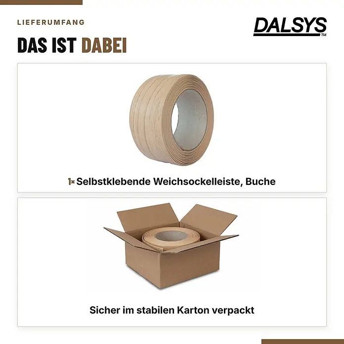 Dalsys Weichsockelleiste Selbstklebend 5m Buche Fußbodenleiste -  - Rolle selbstklebende Weichsockelleiste, Buche, sicher im Karton verpackt.