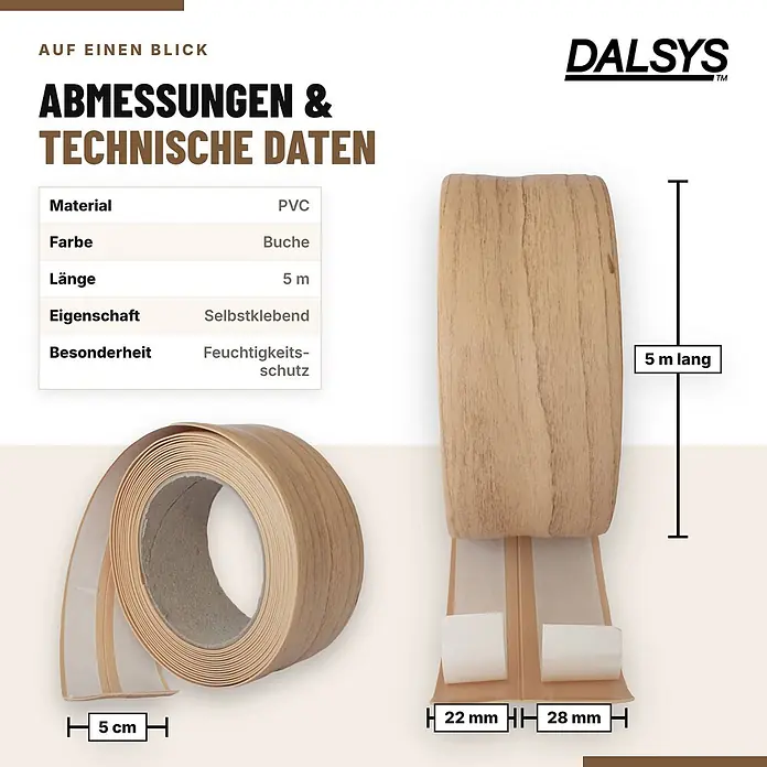 Dalsys Weichsockelleiste Selbstklebend 5m Buche Fußbodenleiste -  - Selbstklebendes PVC Buchen-Kantenbandrolle (5m), erhältlich in 22mm und 28mm Breiten, mit Feuchtigkeitsschutz.